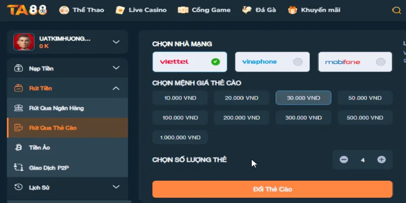 Chọn mệnh giá và số thẻ muốn rút tiền tại tài khoản