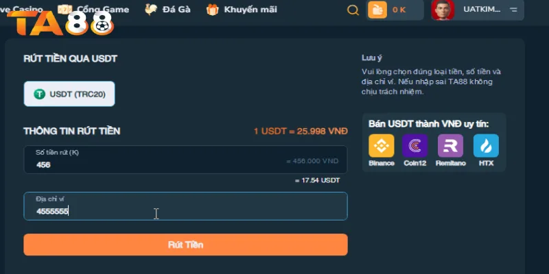 Làm theo hướng dẫn để rút tiền bằng tiền ảo tại TA88